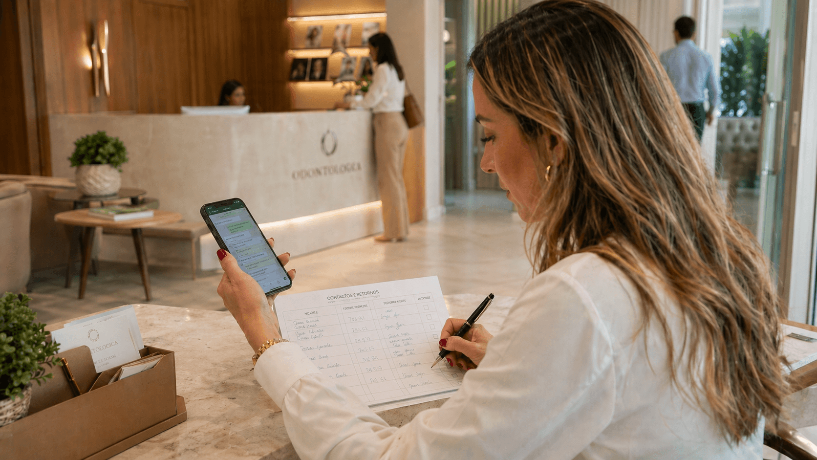 Recepção em follow-up real, com checklist físico visível e atenção concentrada.